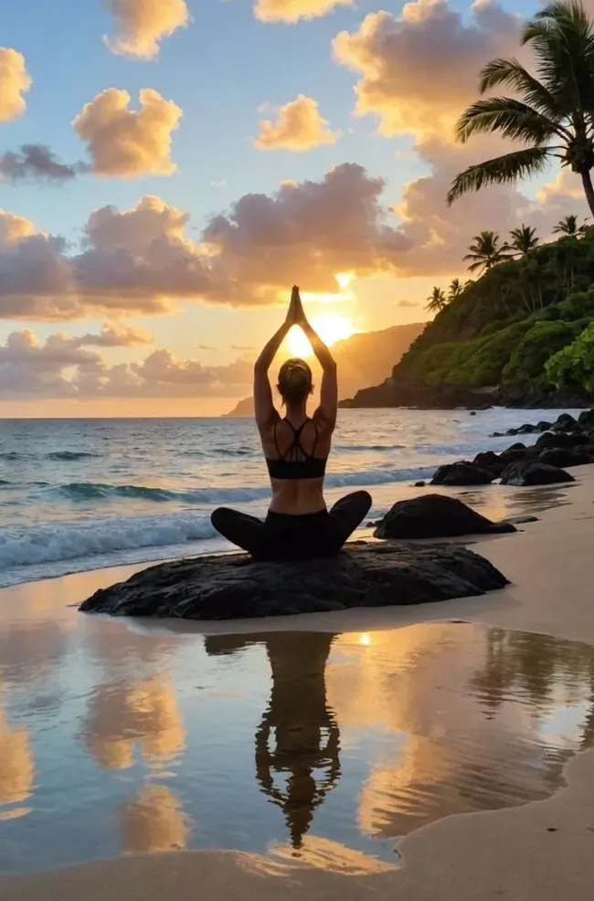 Mulher praticando yoga na praia ao pôr do sol